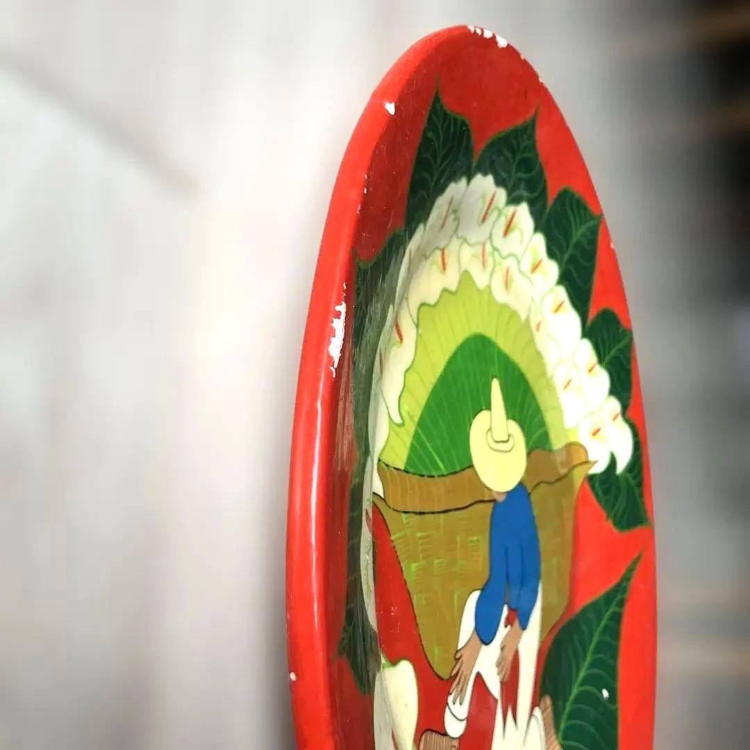 【匿名配送ヴィンテージ 】メキシコ絵皿大 植物カラーのお花イラストの赤い陶器皿