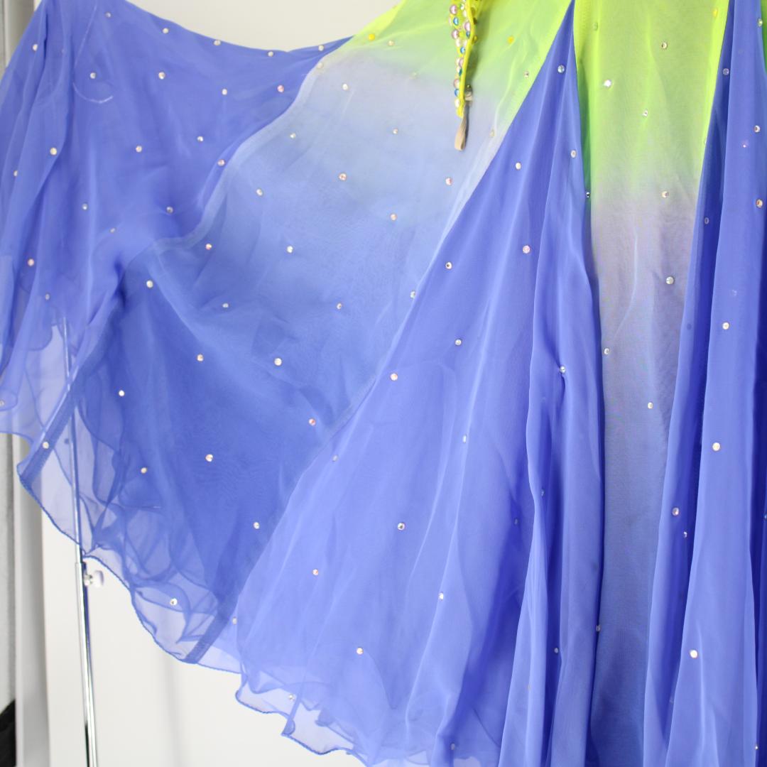 【美品 社交ダンス衣装】イエロー＆ブルー ワンピース ドレス スパンコール