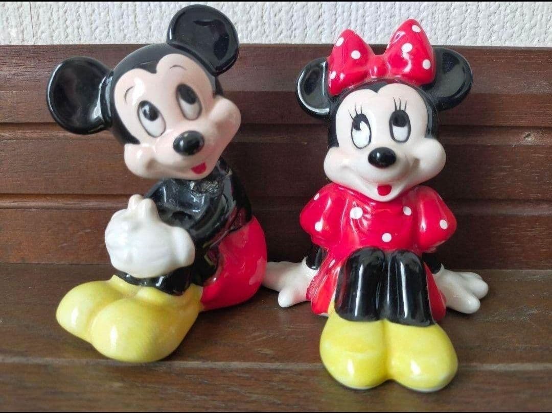 昭和レトロ ディズニー 「ミッキーマウス」 「ミニーマウス」 陶器ペア置物セット