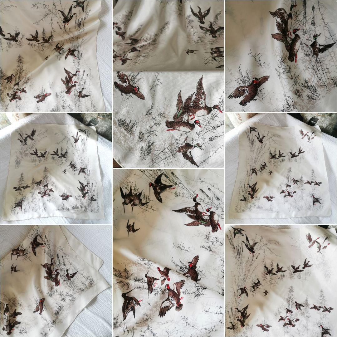 アンティーク フランス シルクスカーフ 鴨の飛翔 森林の湖 蒲の穂 地模様入り