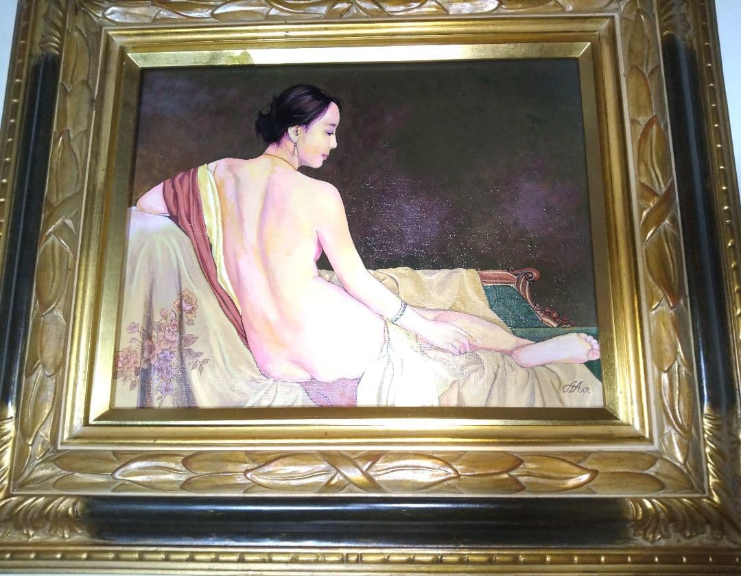 森本草介、絵画、裸婦、油彩６号、憩いの時、高級額縁、肉筆