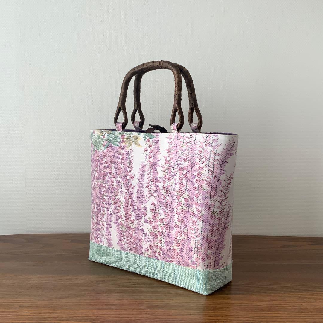 大島紬　満開の藤の花　リメイク　胡桃皮ハンドルバッグ