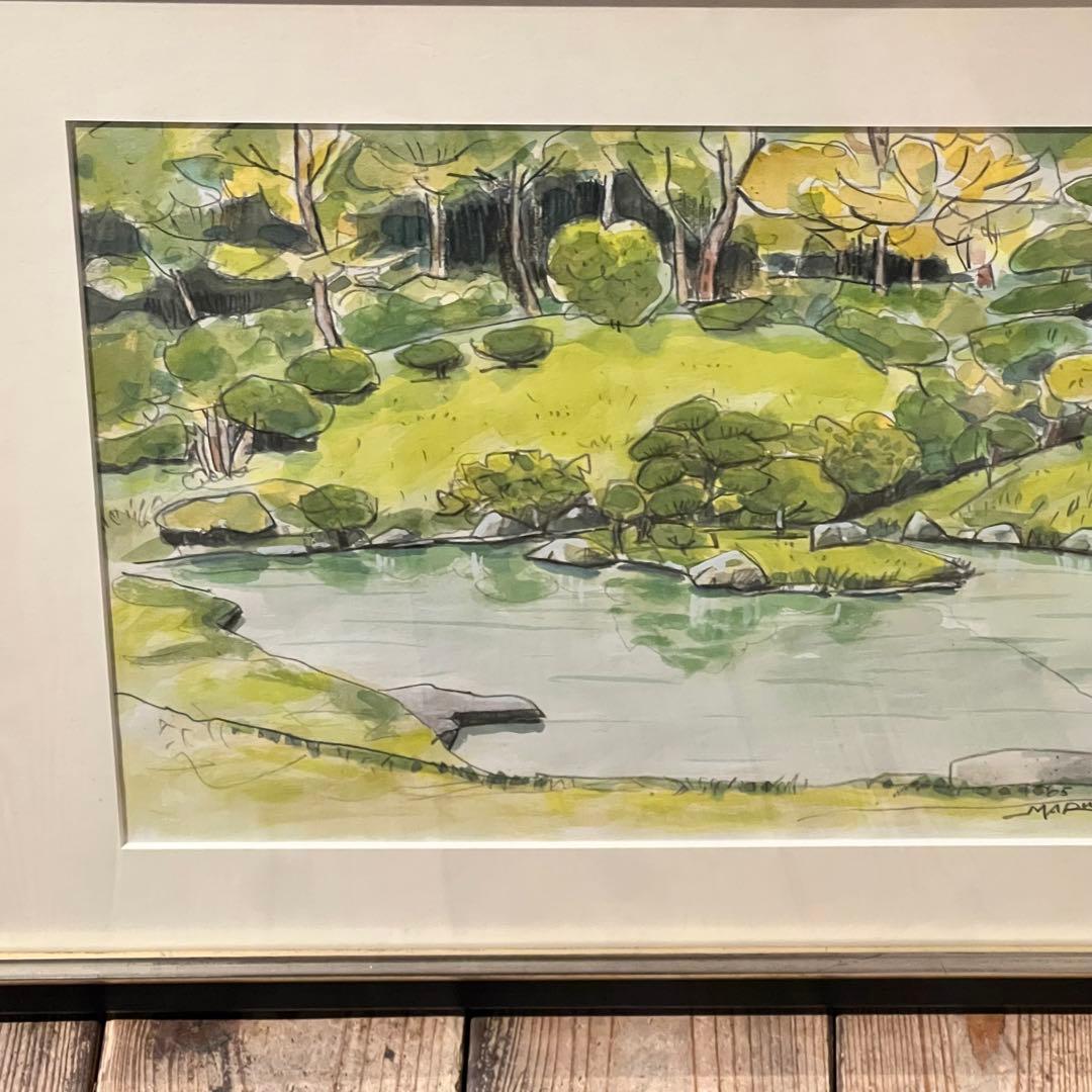 透明水彩画　日本庭園　MARUO 額縁入り　緑　園庭　インテリア　希少