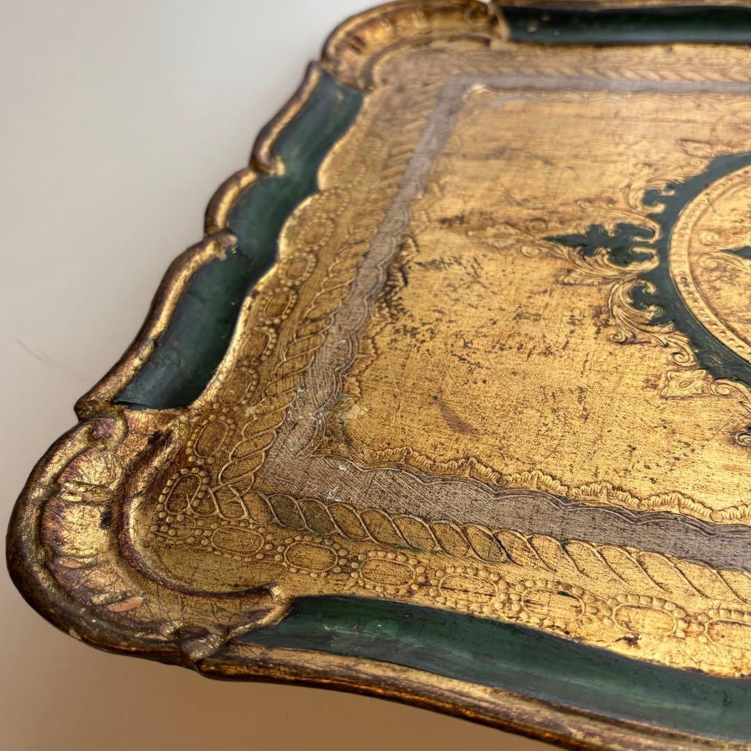 【イタリア】ヴィンテージ 木製 トレイ フロレンタイン 金色 深緑 大きめ