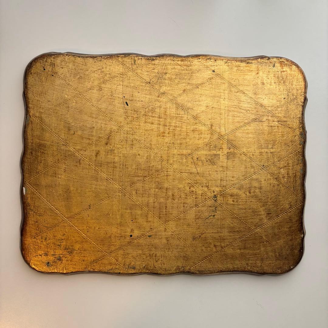 【イタリア】ヴィンテージ 木製 トレイ フロレンタイン 金色 深緑 大きめ