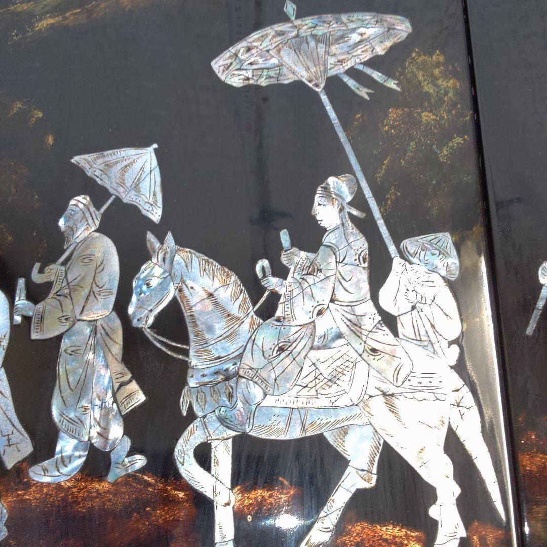 骨董４手彫り漆器 伝統的農村風景 4枚セット