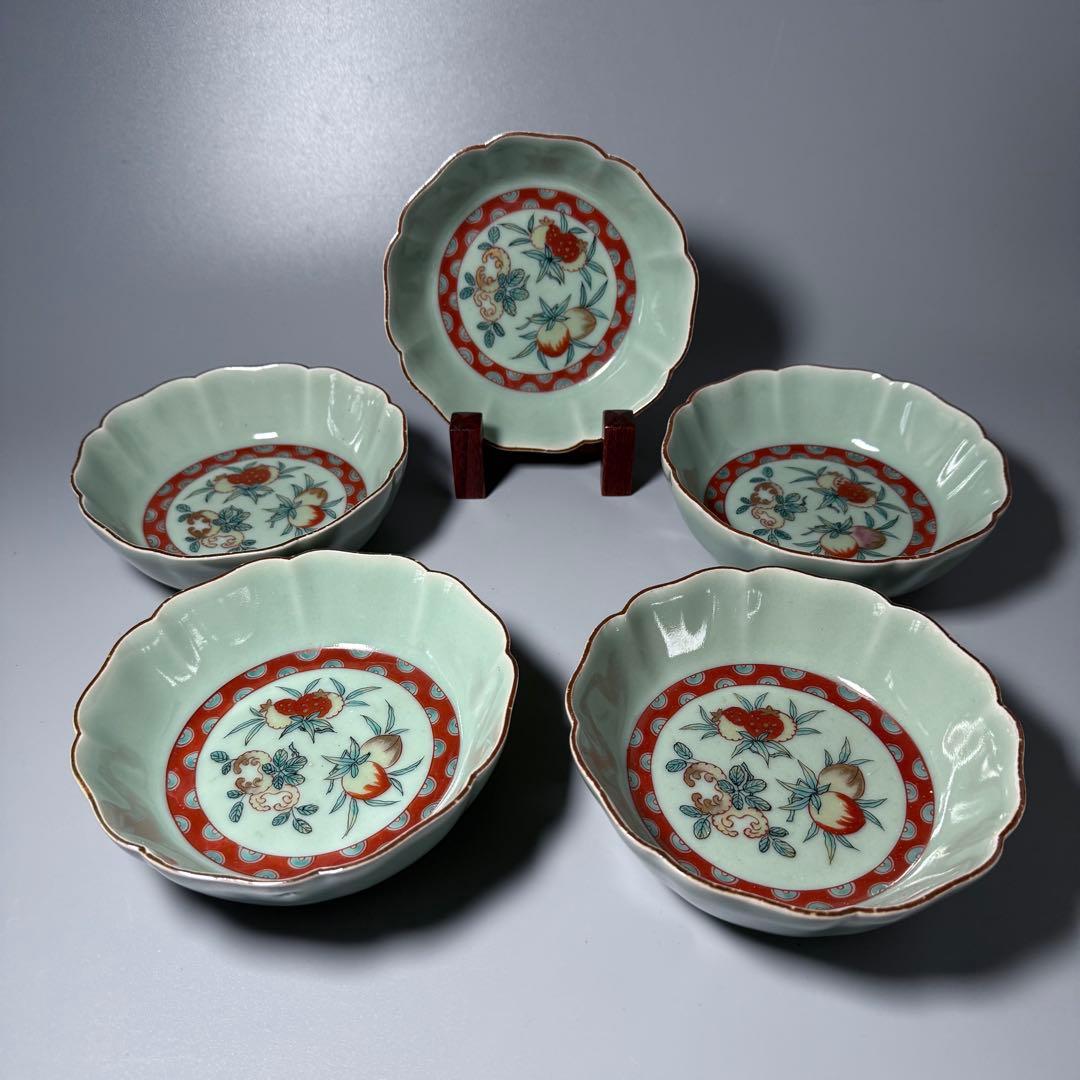 紫田コレクション！　1700年〜1740　青磁三果文輪花鉢　五客　図録掲載品