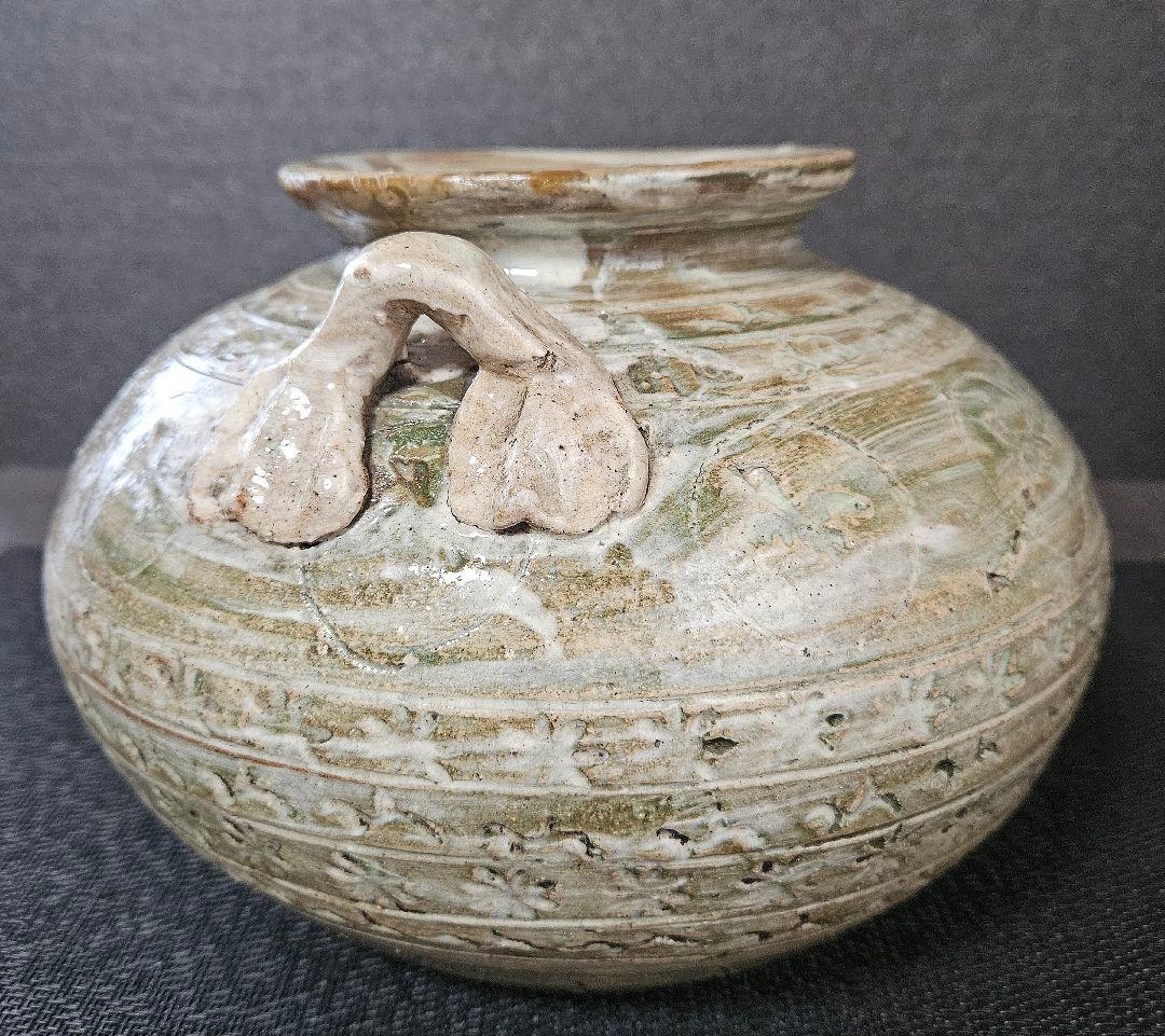 【李朝コレクター放出品❗】李氏朝鮮時代　粉青沙器　丸に鳥　花三島　双耳　壺　花入