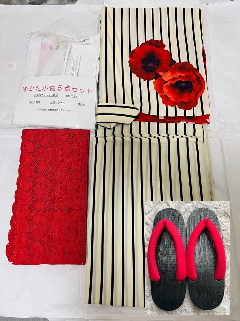 セット ふりふ アネモネ 姉萌音 浴衣+レース帯 赤+着付けこもの+下駄