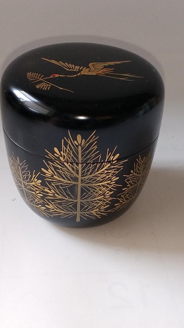茶道具 茶器 黒塗 松喰鶴蒔絵 中棗 牧田芳祥 作 漆器 抹茶 棗 共箱 美品