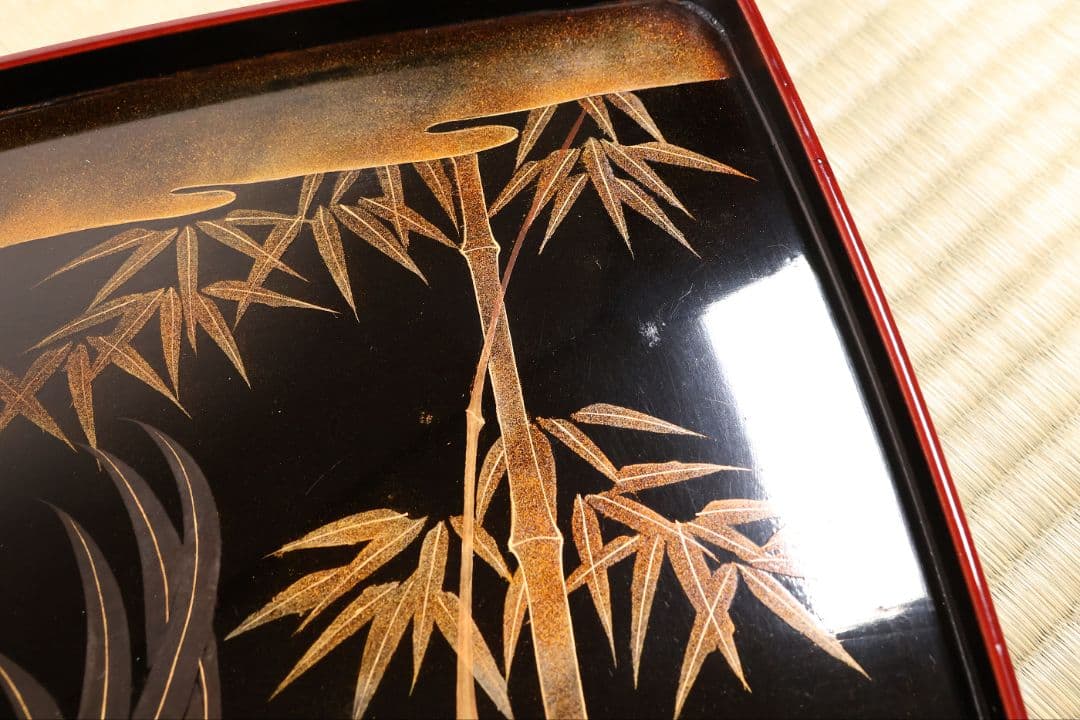 木製漆器 竹鶏蒔絵 吸物膳 五客 溜塗 黒塗 足付 四方膳 茶懐石 CM386