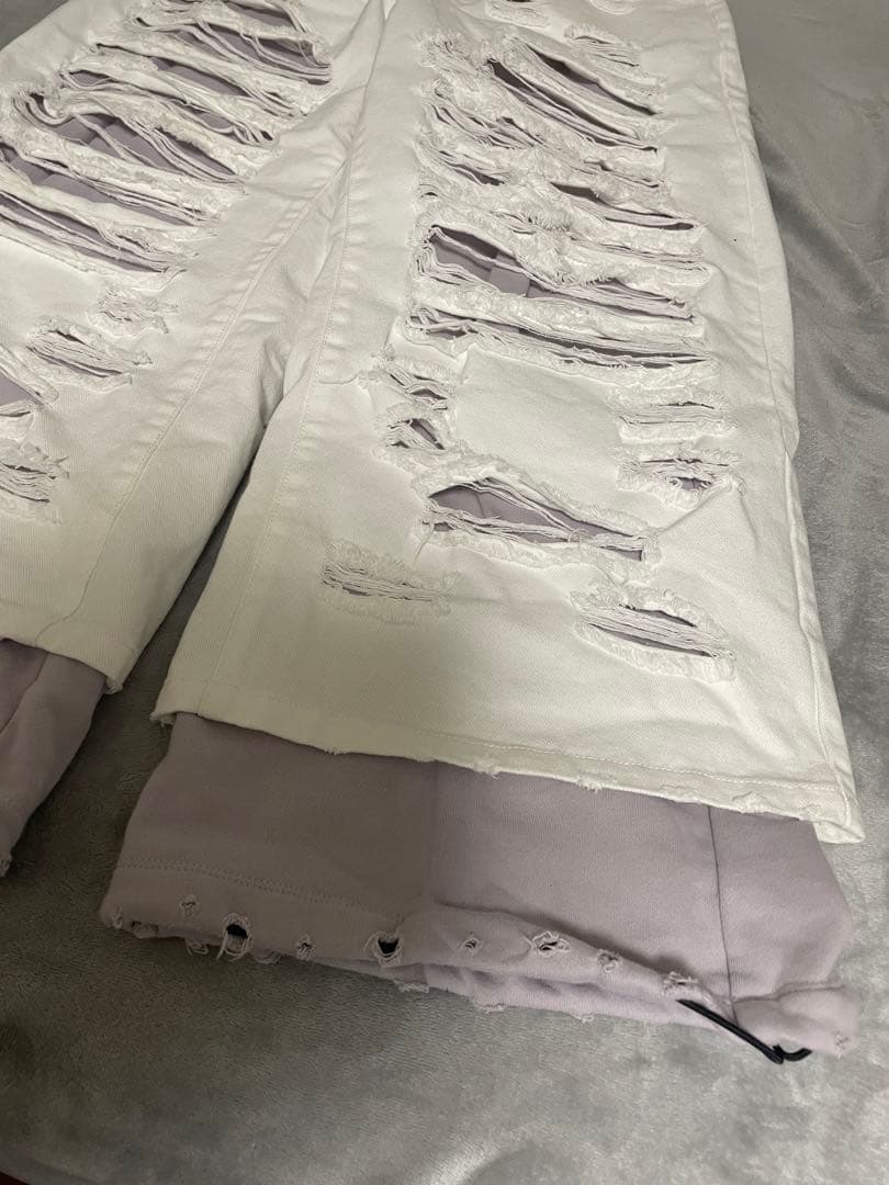 GRANCYスウェットドッキングデザインダメージバギーデニムパンツ ホワイト