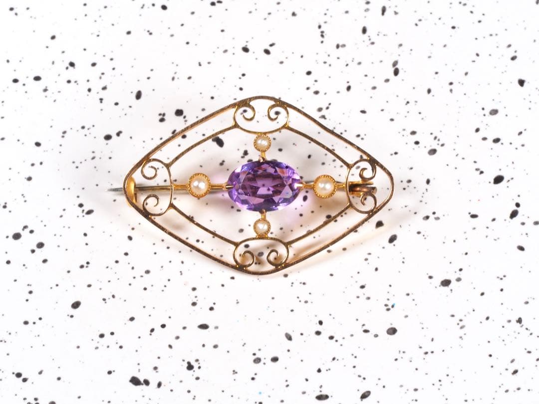 アメジスト　シードパール　9金　ブローチ　エドワーディアン期　刻印