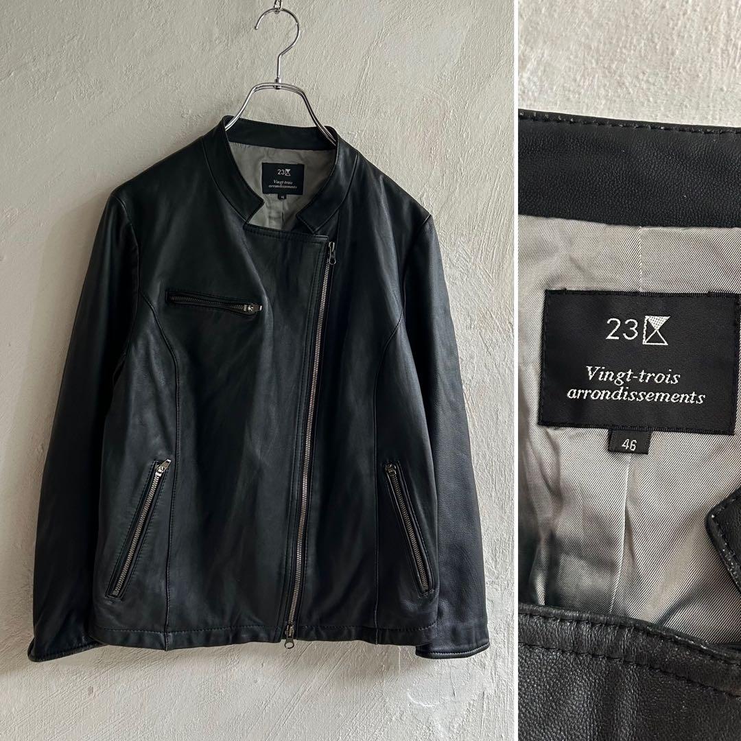 美品 23区 大きいサイズ スタンドカラー ライダースジャケット レザー 46