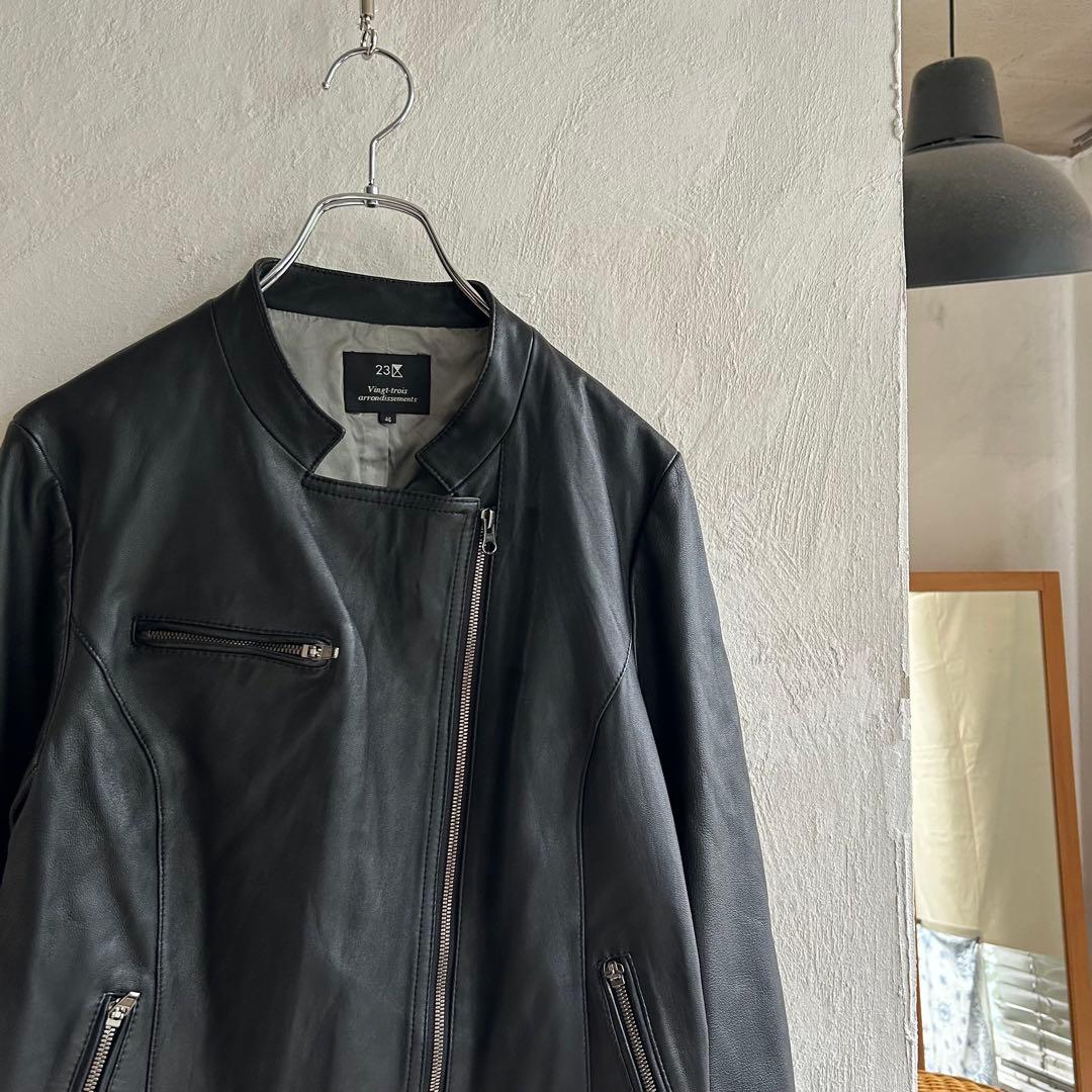 美品 23区 大きいサイズ スタンドカラー ライダースジャケット レザー 46