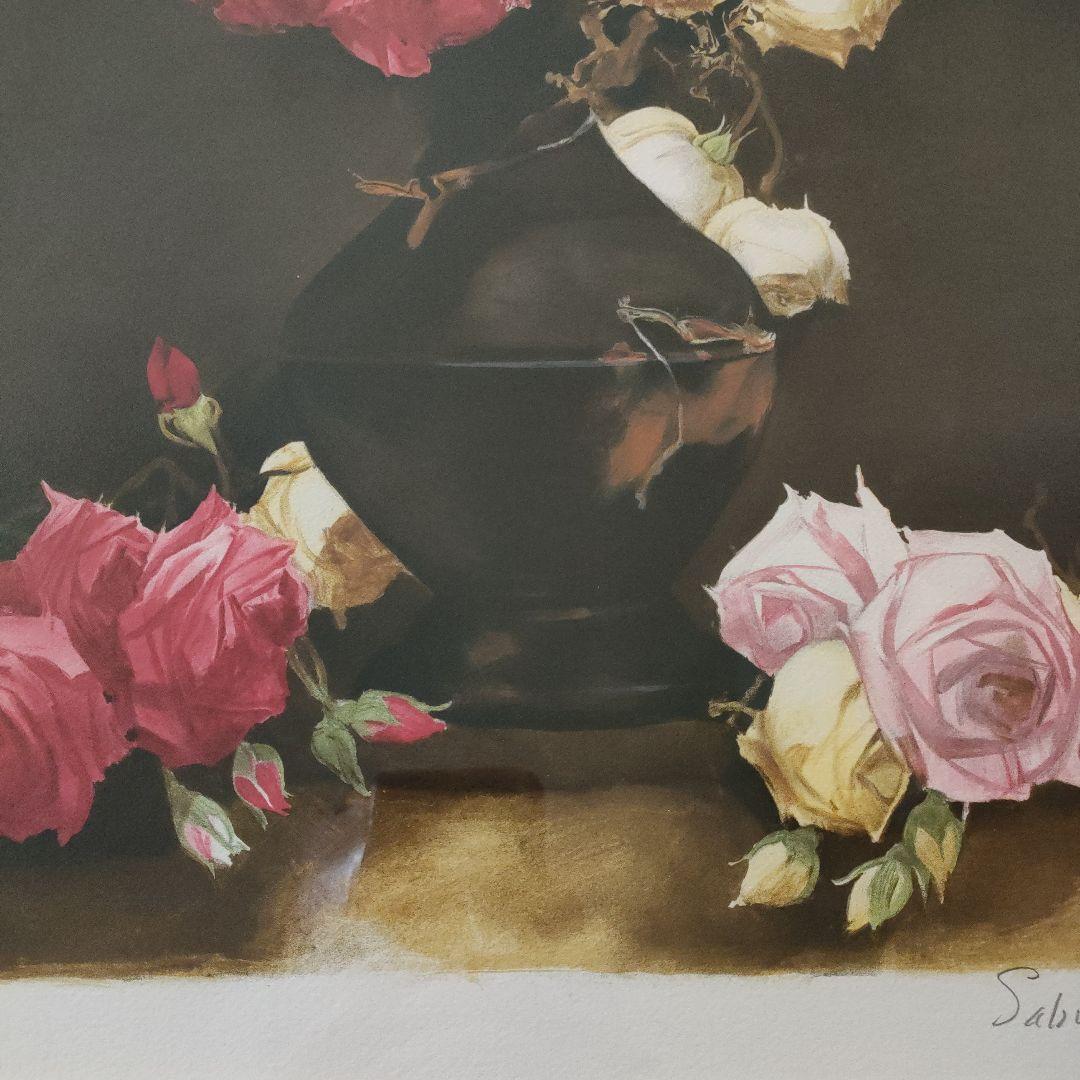 斎藤三郎　大判リトグラフ『薔薇』直筆サイン入、ウコン布&共箱付