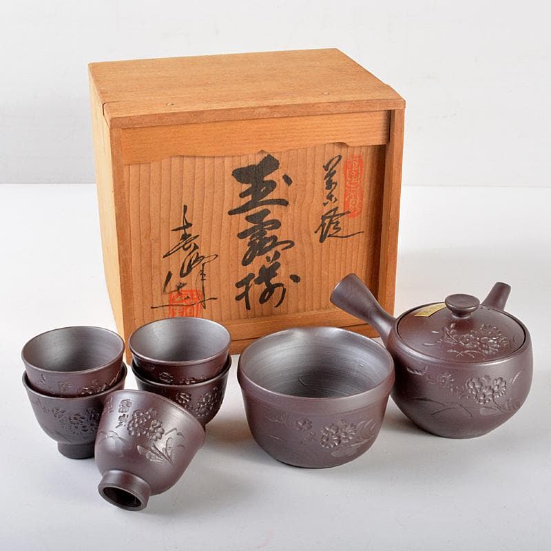 煎茶道具　萬古焼　春峰造　花文　玉露揃　小さな茶器揃　共箱　M　R5313