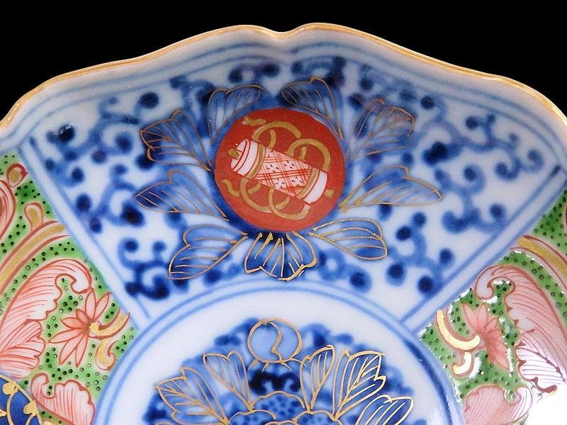 大聖寺伊万里　染錦　牡丹に唐草吉祥文の図　４寸皿　５枚　B178 AS-DAf