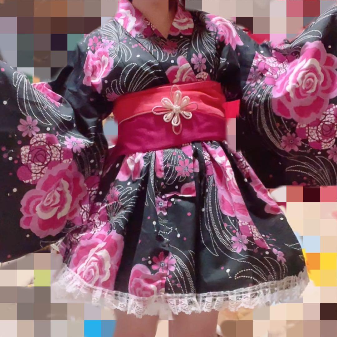 ドレス浴衣 　大人フリーサイズ　ハンドメイド　地雷　姫ギャル　バラ　ピンク