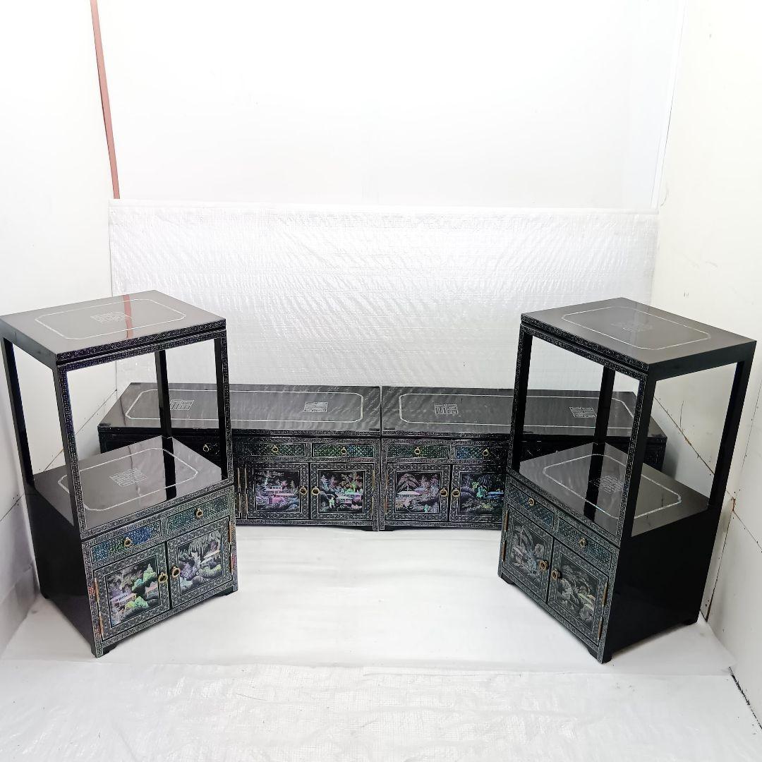 韓国民芸家具 高級 螺鈿細工 黒漆塗り 豪華収 サイドボード+飾り棚 4点セット