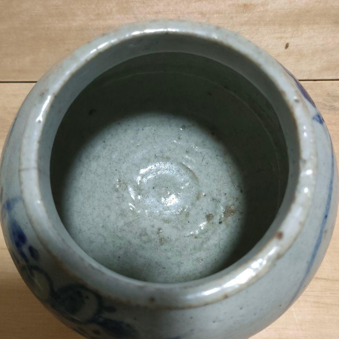 李朝染付壺　草花文　提灯壺　時代物　骨董No.162