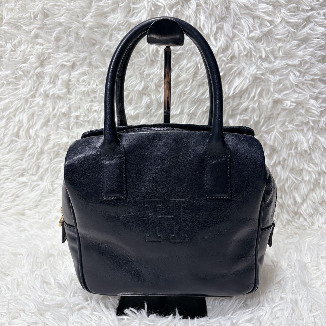 良品✨HIROFU ヒロフ レザー ハンドバッグ Hロゴ ネイビー ゴールド金具