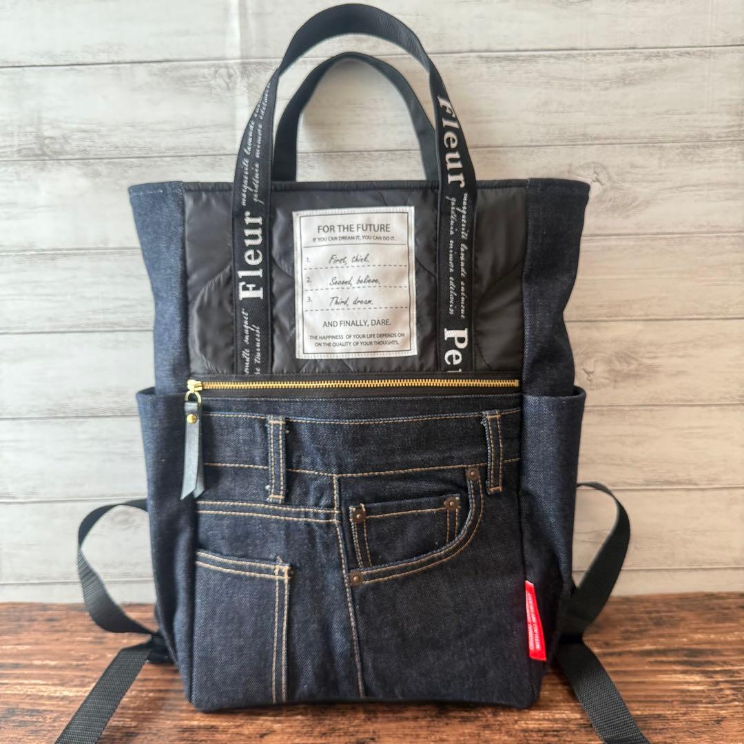 ☆デニムリメイク　ブラックひょうたんキルトとデニムのトートリュック☆