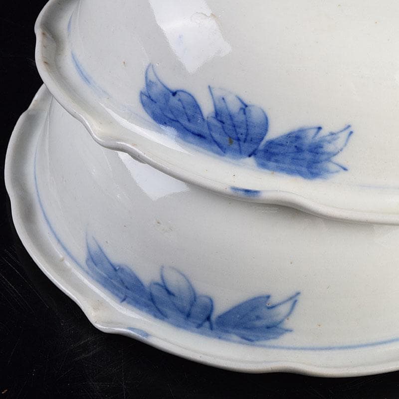 瀬戸焼　古瀬戸　染付　花蝶文　饂飩皿　六客　時代箱付　C　R9353B