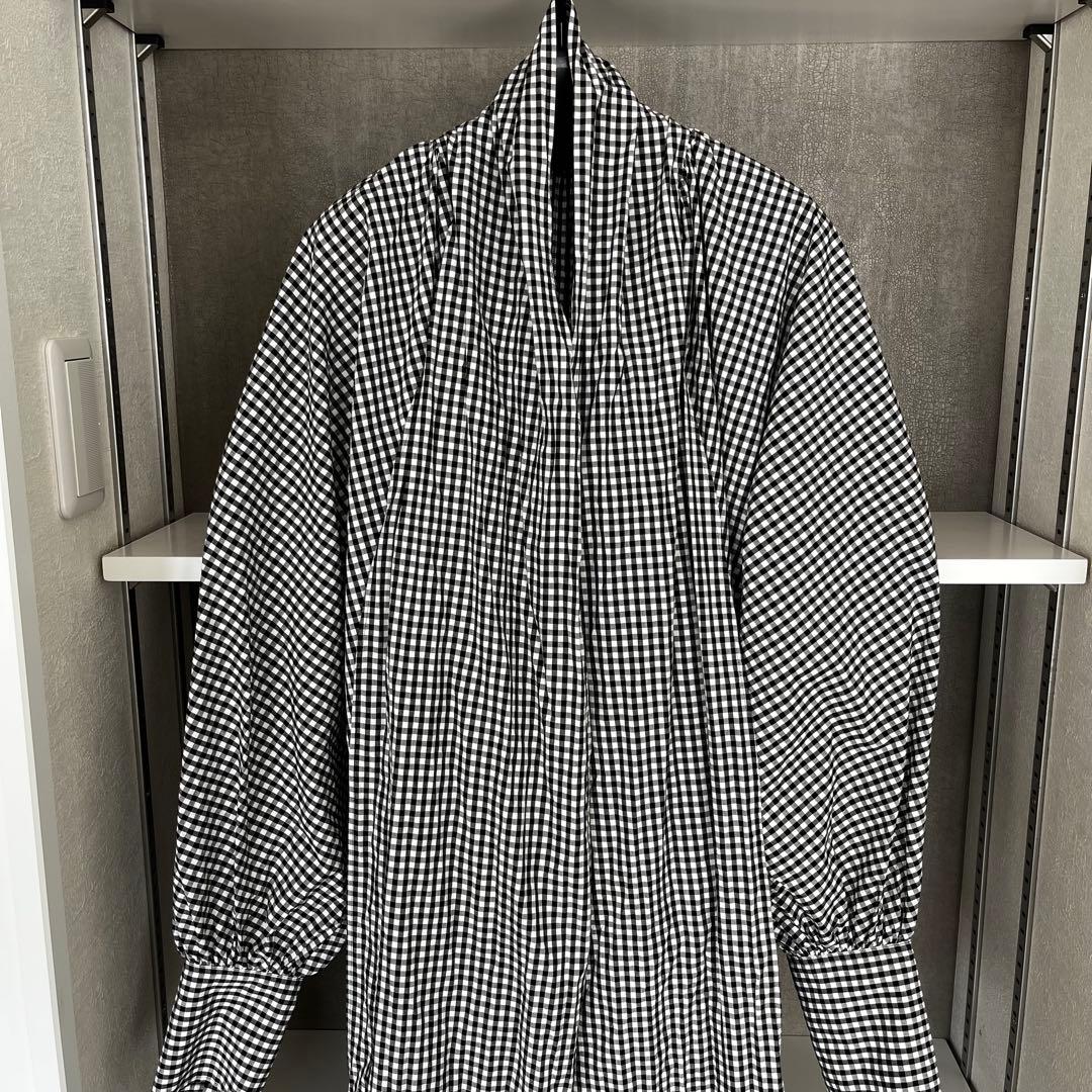 ウィムガゼット　ギンガムチェックボウタイブラウス　ブラック　長袖　リボンコットン