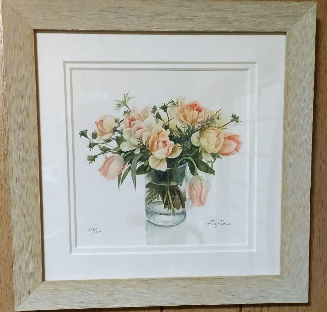 橋本不二子 水彩画家 ダイヤモンドスクリーニング版画「オレンジ色のブーケ」