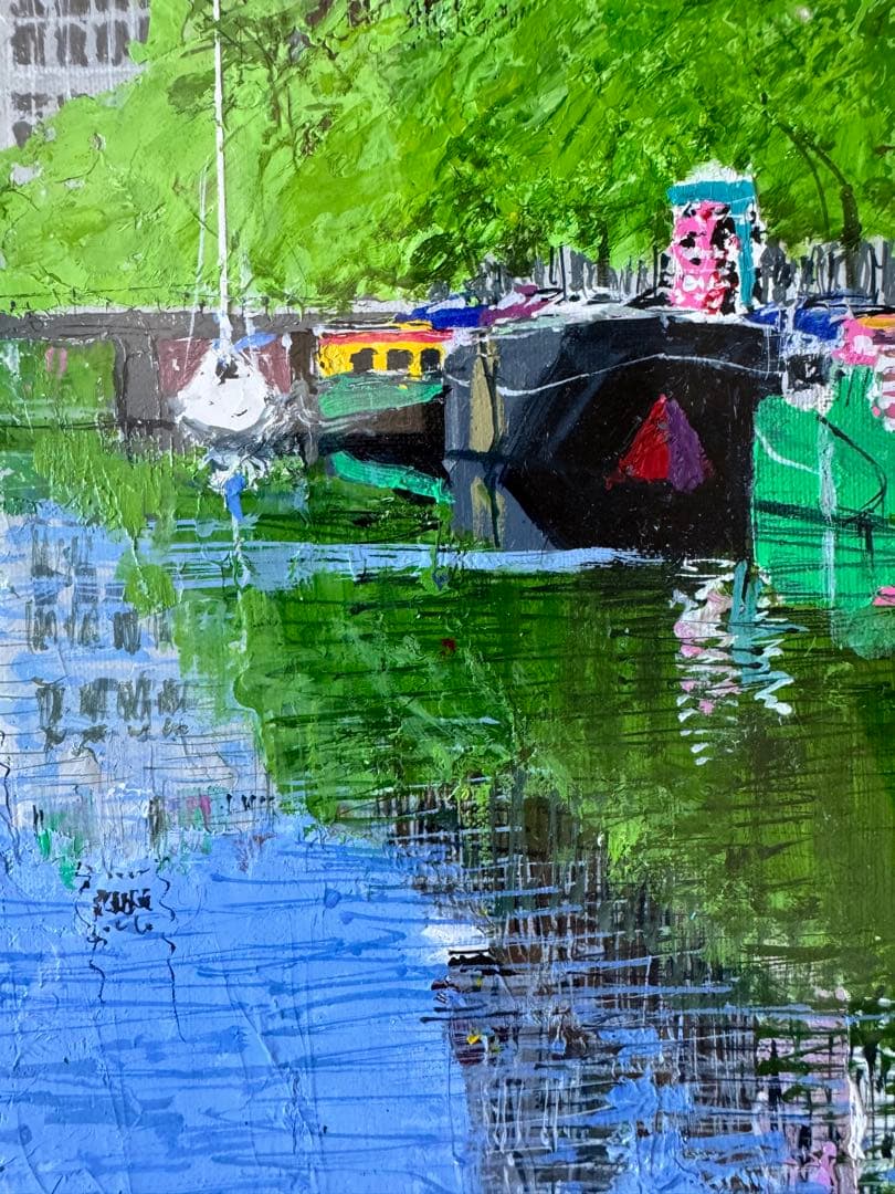 真作　小田切訓「塔のある運河」キャンバスに油彩 F4号　額装・タトウ箱・黄袋付き