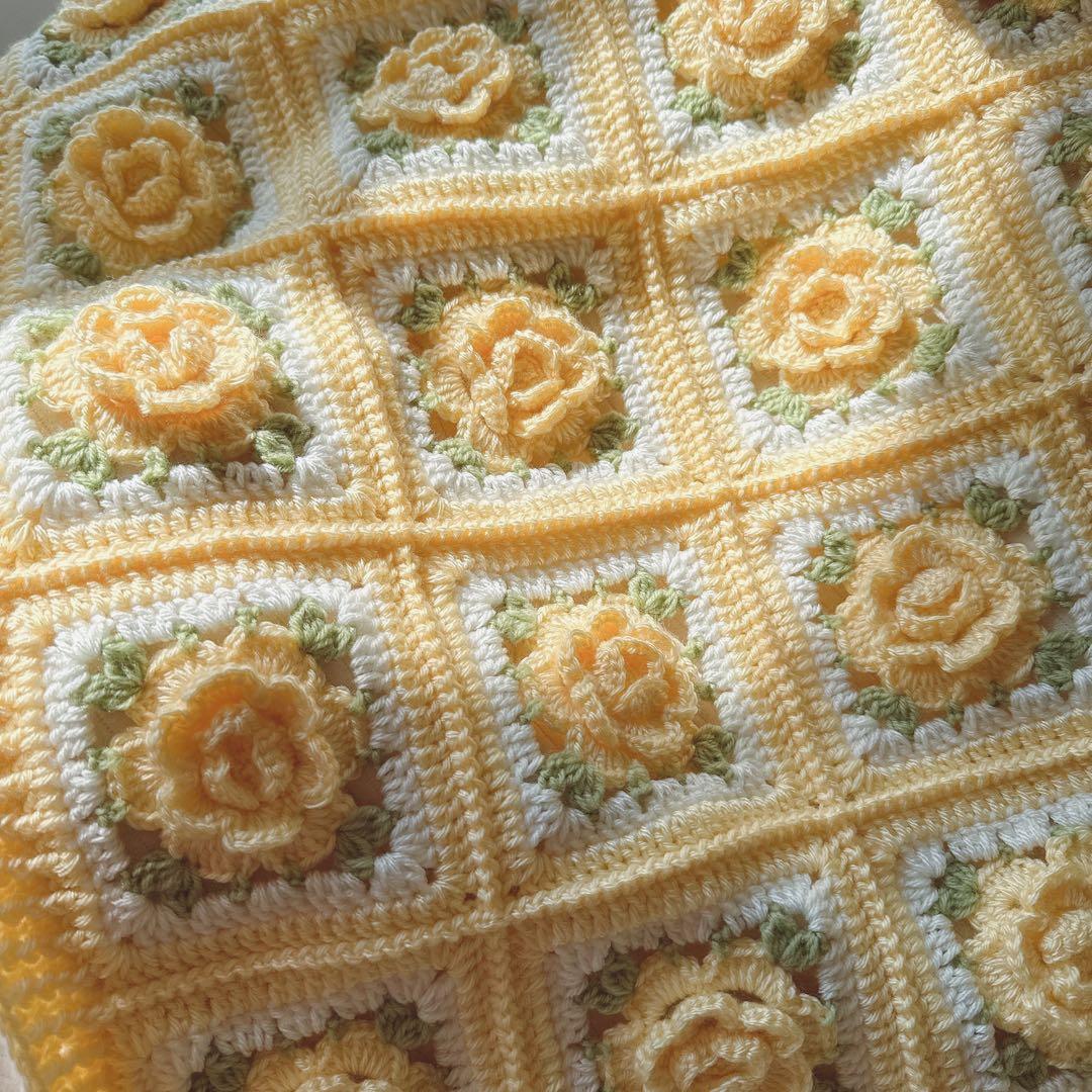 【5】 薔薇 マルチカバー ブランケット モチーフ編み ‪