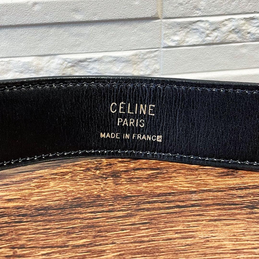 良品 セリーヌ レザー トリオンフ バックル ベルト ゴールド金具 ブラック
