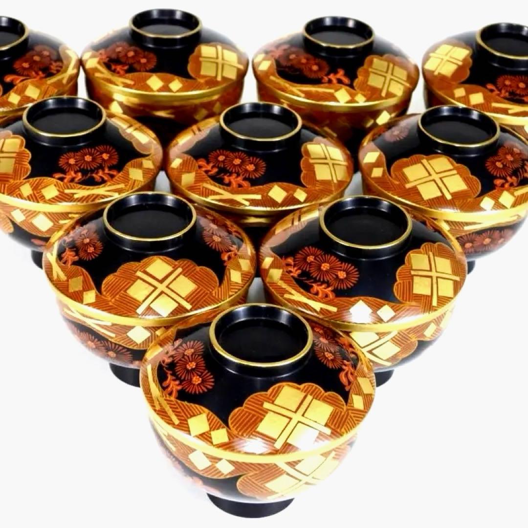 南部漆器 老舗光原社 秀衡塗 木製 金箔色漆　菱に梅文様　蓋碗十客　茶道具