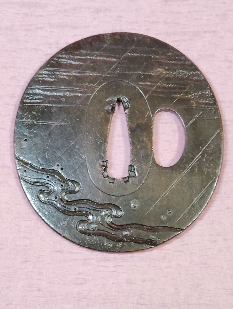 刀装具 鐔 鍔 無銘 銅地 象嵌 風景図 丸形鐔 時代物