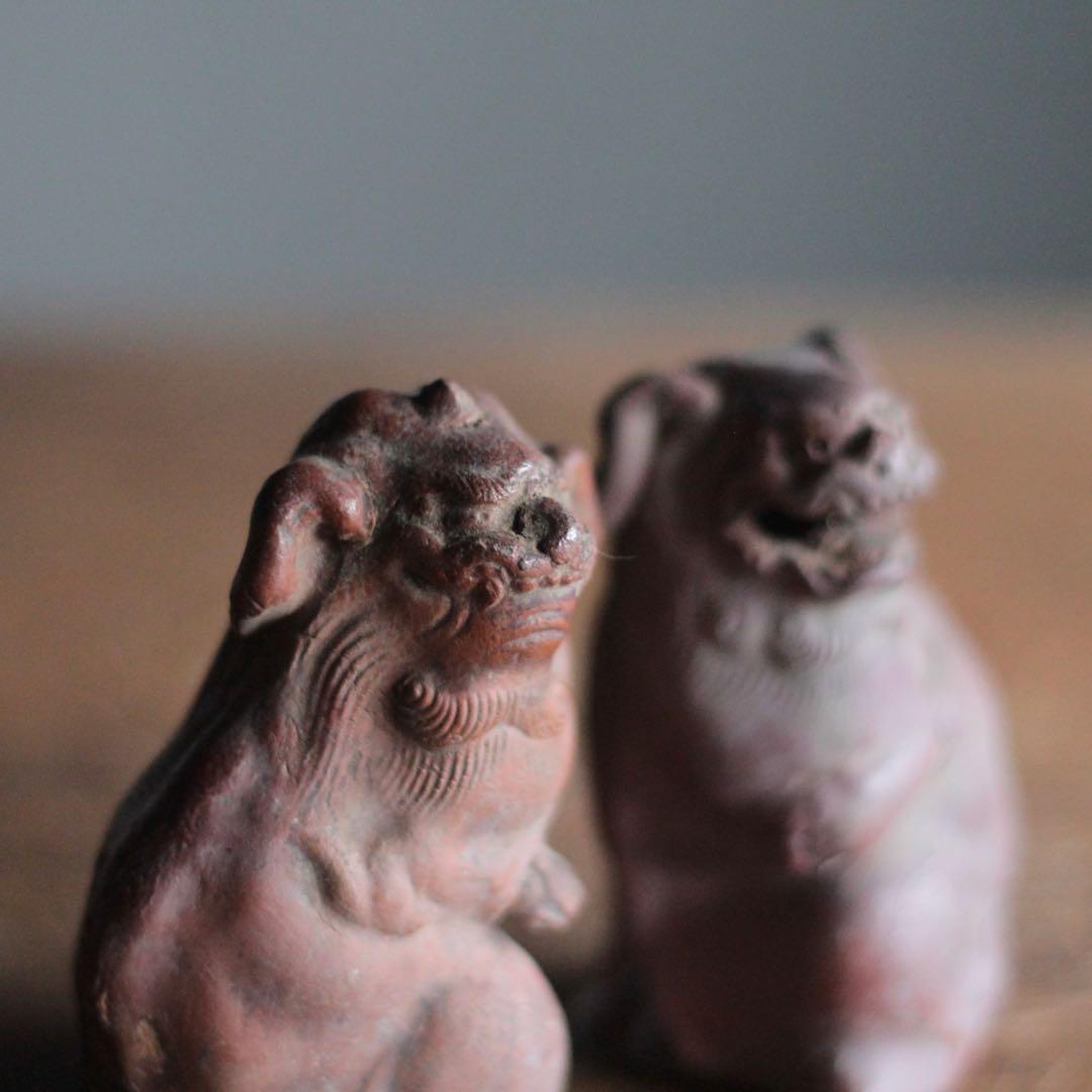 獅子と狛犬 陶人形 備前焼 古道具 アンティーク オブジェ