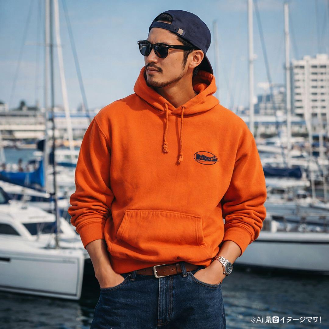 希少USA製CAMBER企業ロゴ入り肉厚プルオーバーフードスウェットXLオレンジ