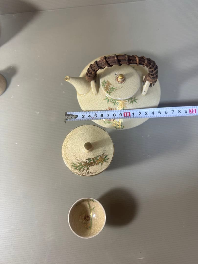 2523 薩摩焼　竹菊文　茶器セット　急須1客　猪口5客　湯呑蓋付2客