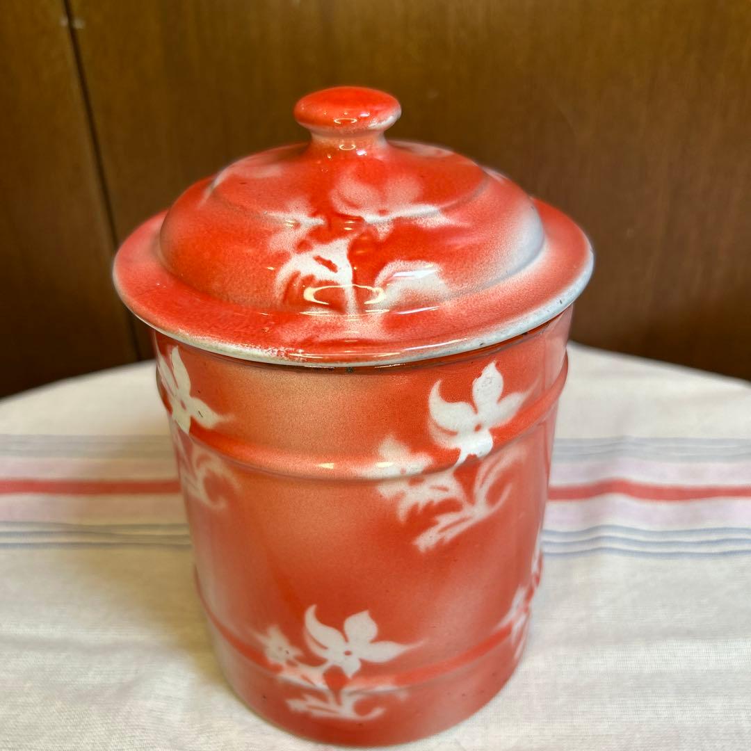 美品フランスアンティーク赤、白花柄ホーローキャニスターFARINE(小麦粉入れ）