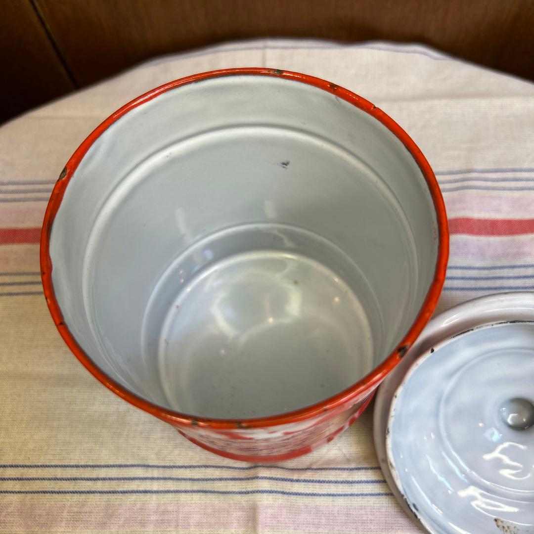 美品フランスアンティーク赤、白花柄ホーローキャニスターFARINE(小麦粉入れ）