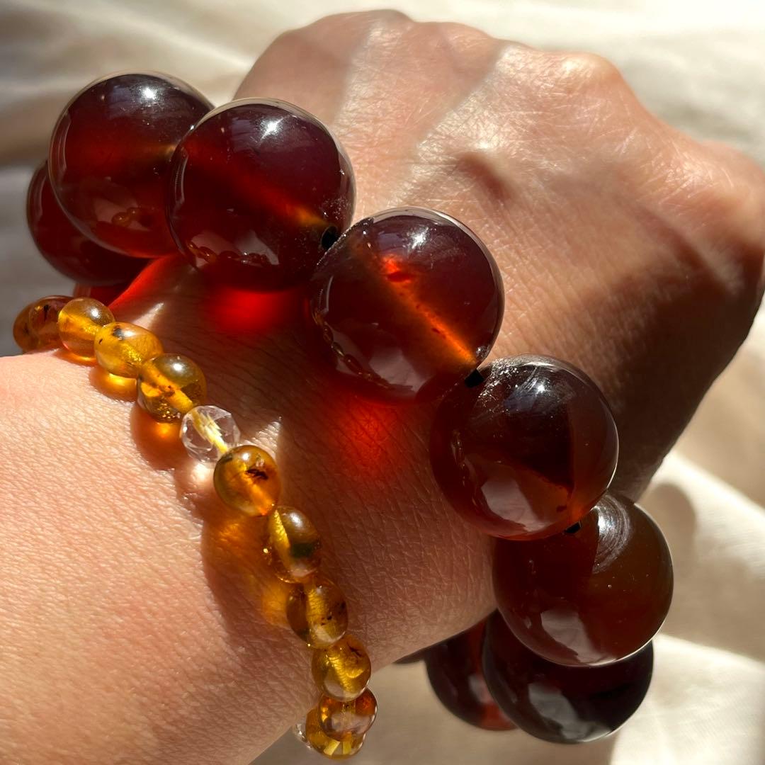 22mm 化石 琥珀 ブルー レッド アンバー 貴重 ブレスレット コレクション