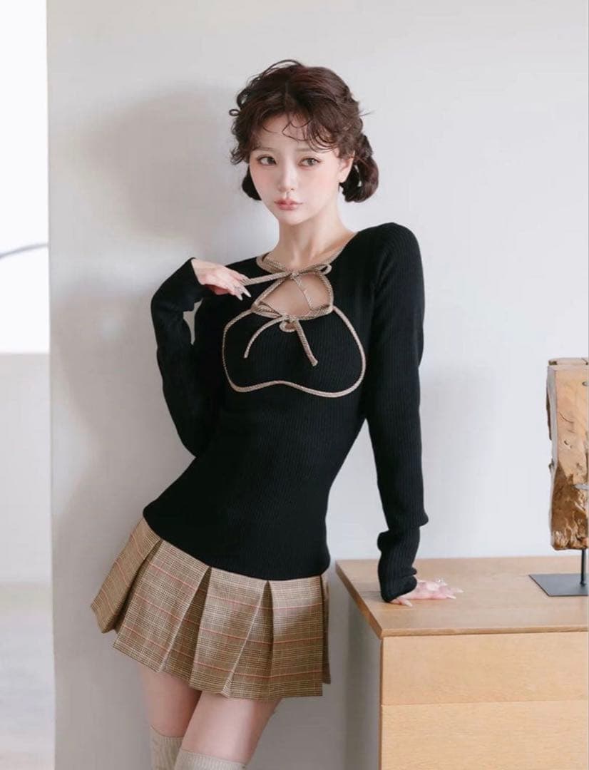 ポイントチェックニットミニワンピース