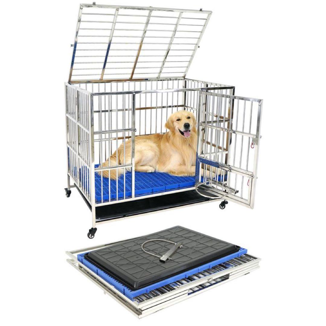 【新品】中型・大型犬用 ステンレスケージ 頑丈 100kg耐荷重 犬小屋