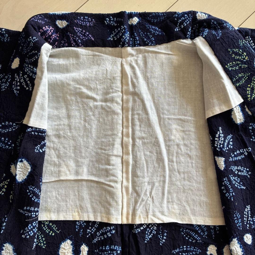 ■E4251■美品■木綿■有松鳴海絞り　藍染に黄色とピンク　花模様　浴衣■裄63