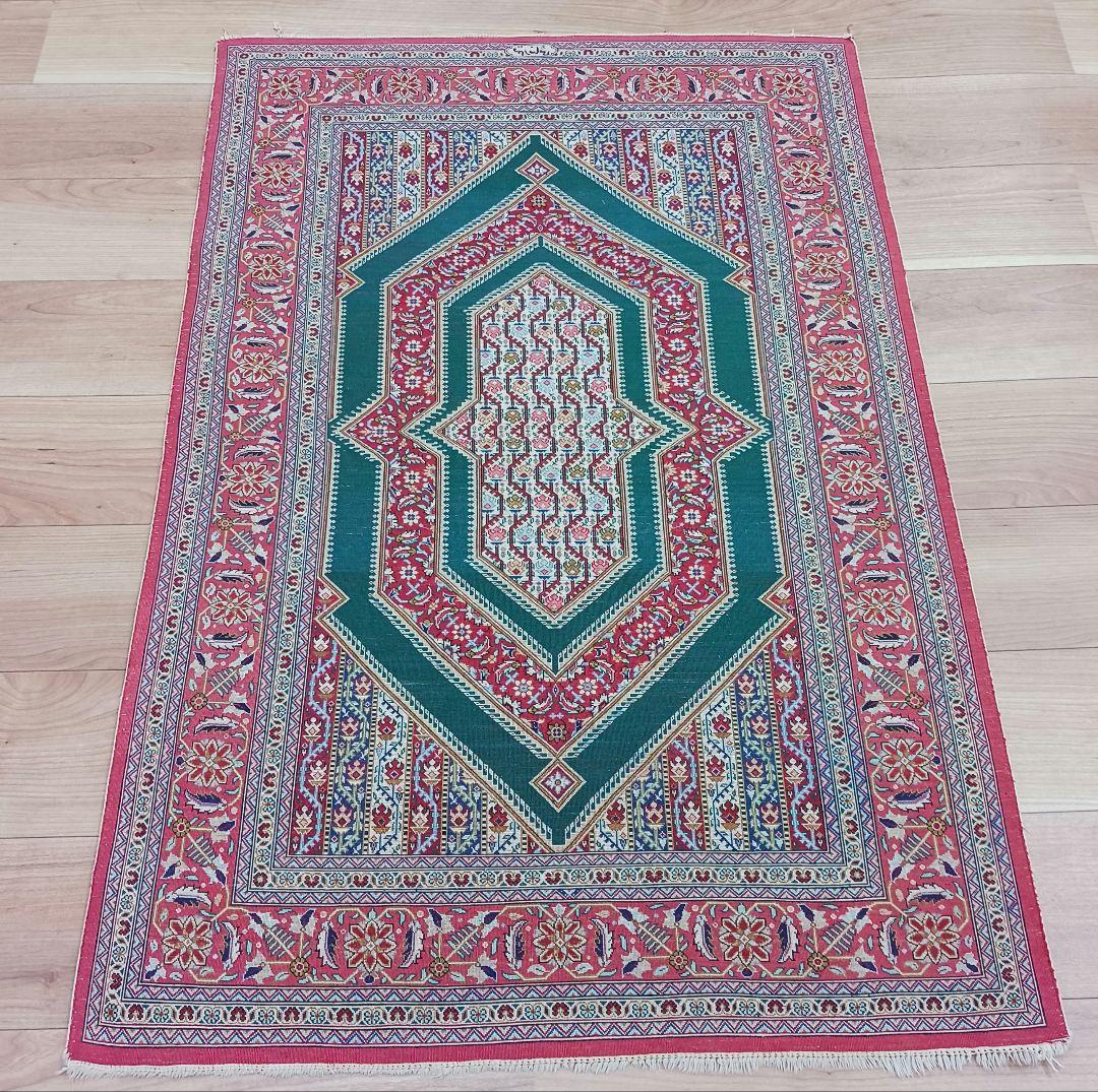 Y3261 高級ペルシャ絨毯 クム産 シルク100% 手織り 工房サイン