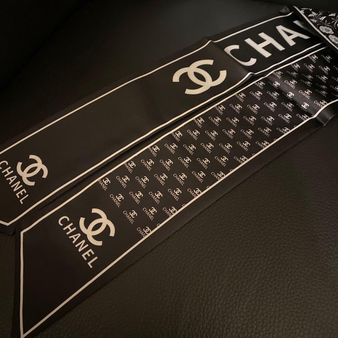 CHANEL ブラック 花柄 リボンスカーフ ノベルティ