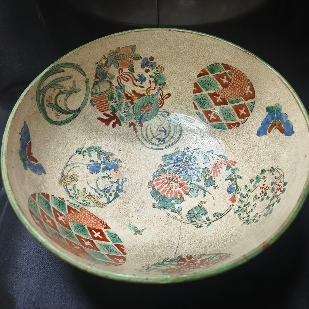 茶道具 古九谷焼 色絵水指 手描き花丸文 幕末骨董 木製漆蓋 桐箱入旧家蔵出し