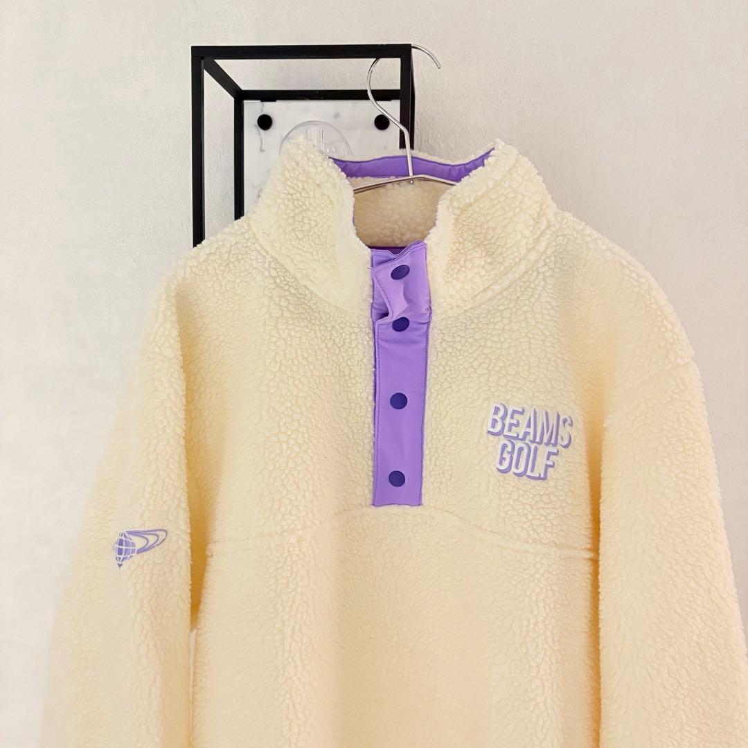美品 ビームスゴルフ ボアジャケット ロゴ刺繍 XL ホワイト フリース 防寒