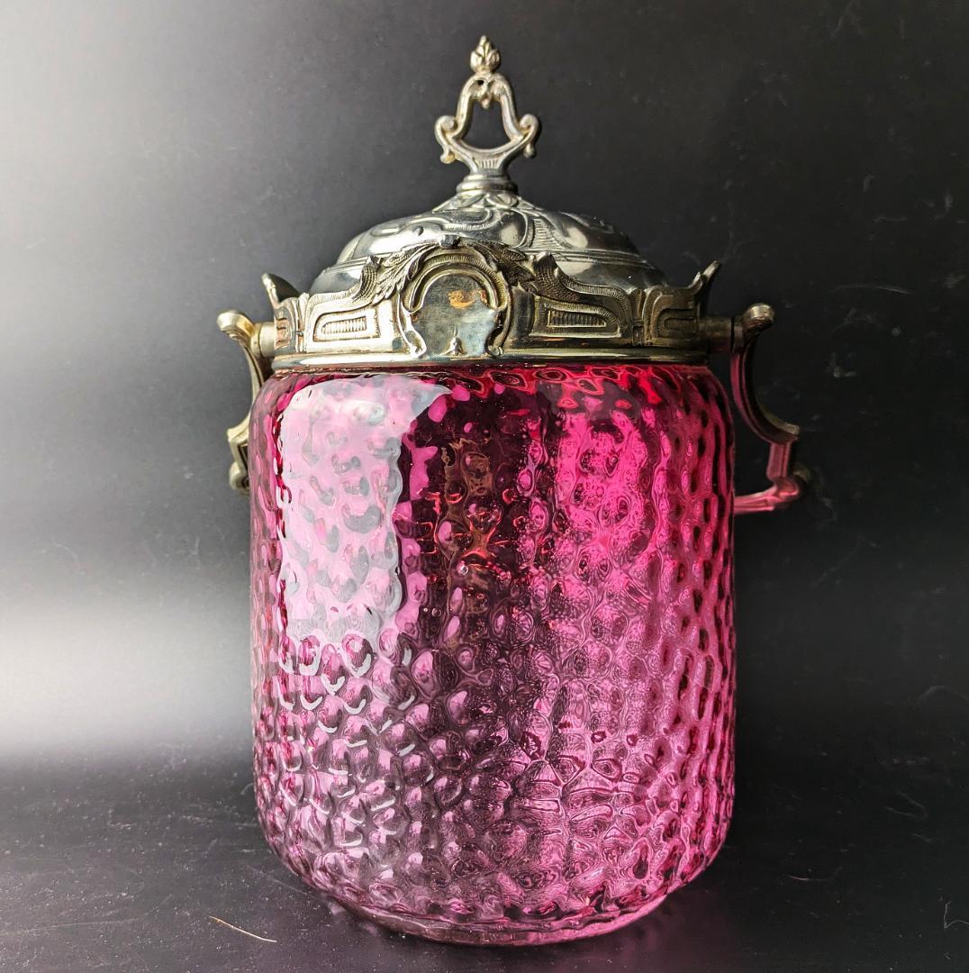 大型24㎝！仏アンティーク オルモル技法ガラス ルージュ クッキージャー