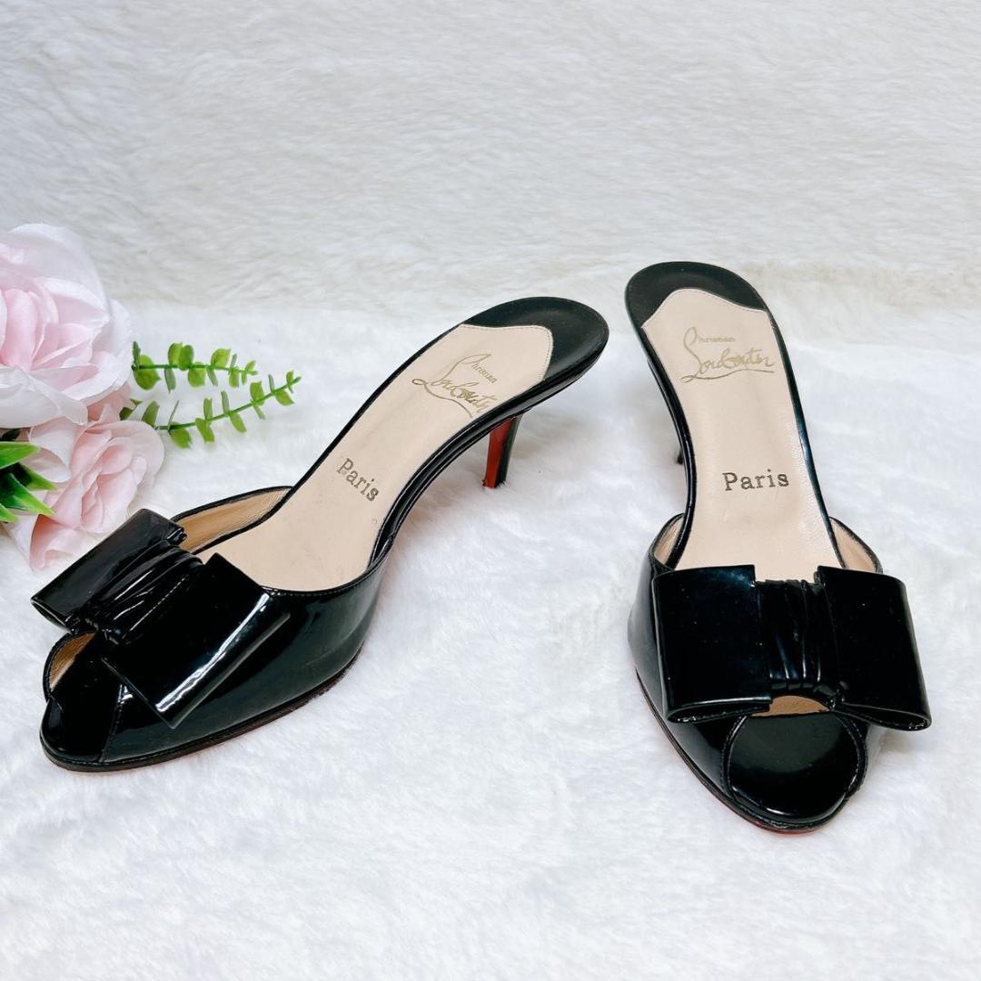 極美品☆箱保存袋付☆クリスチャンルブタン ミュール ブラック エナメル リボン